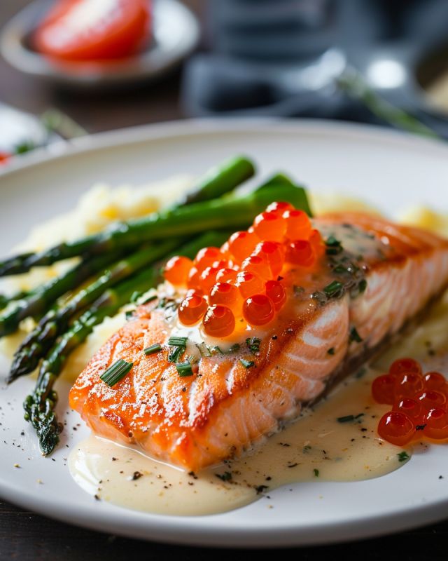 Запеченный лосось с изысканным сливочно-икорным соусом